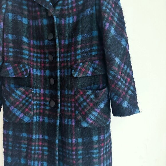 Vintage Wool Bouclé Black Blue Plaid Winter Coat S/M - Picture 5 of 6